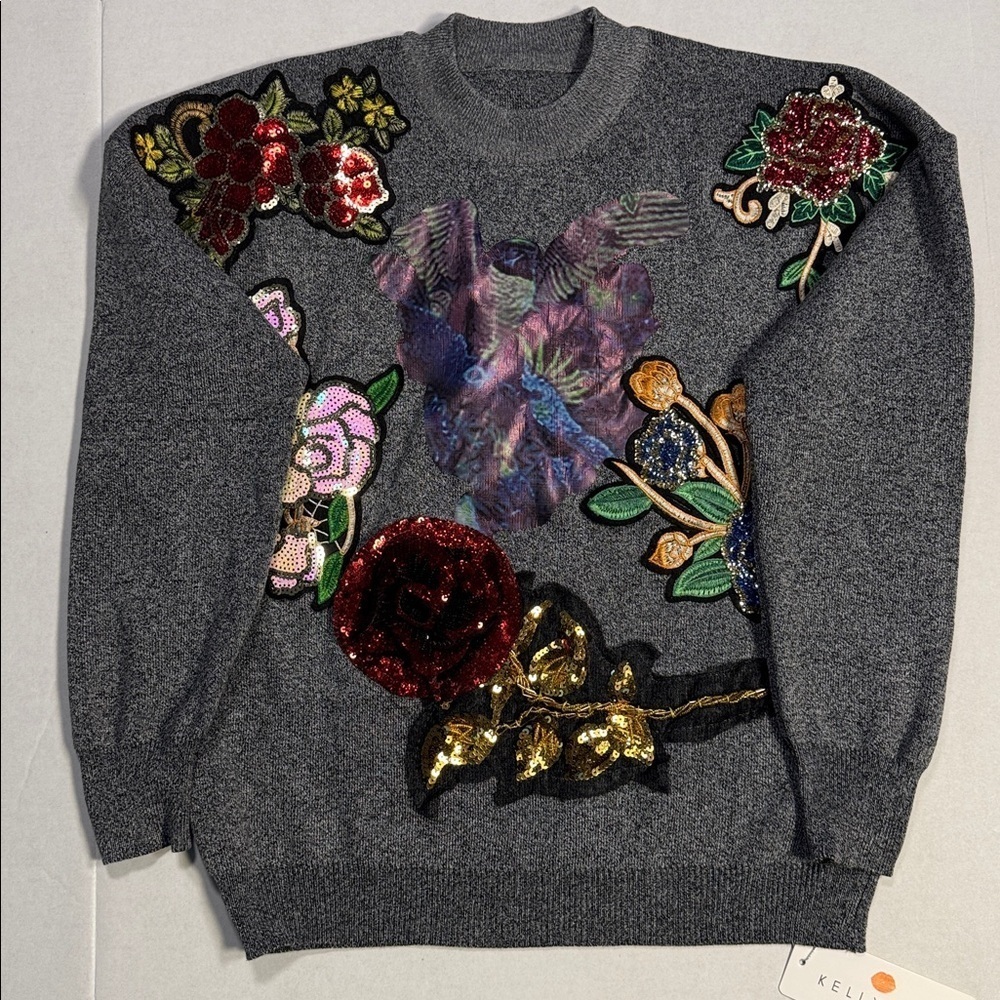 Kelly Obi New York Medium NWT Embroidered Gray Sweater with Artsy Floral Design - Picture 3 of 8